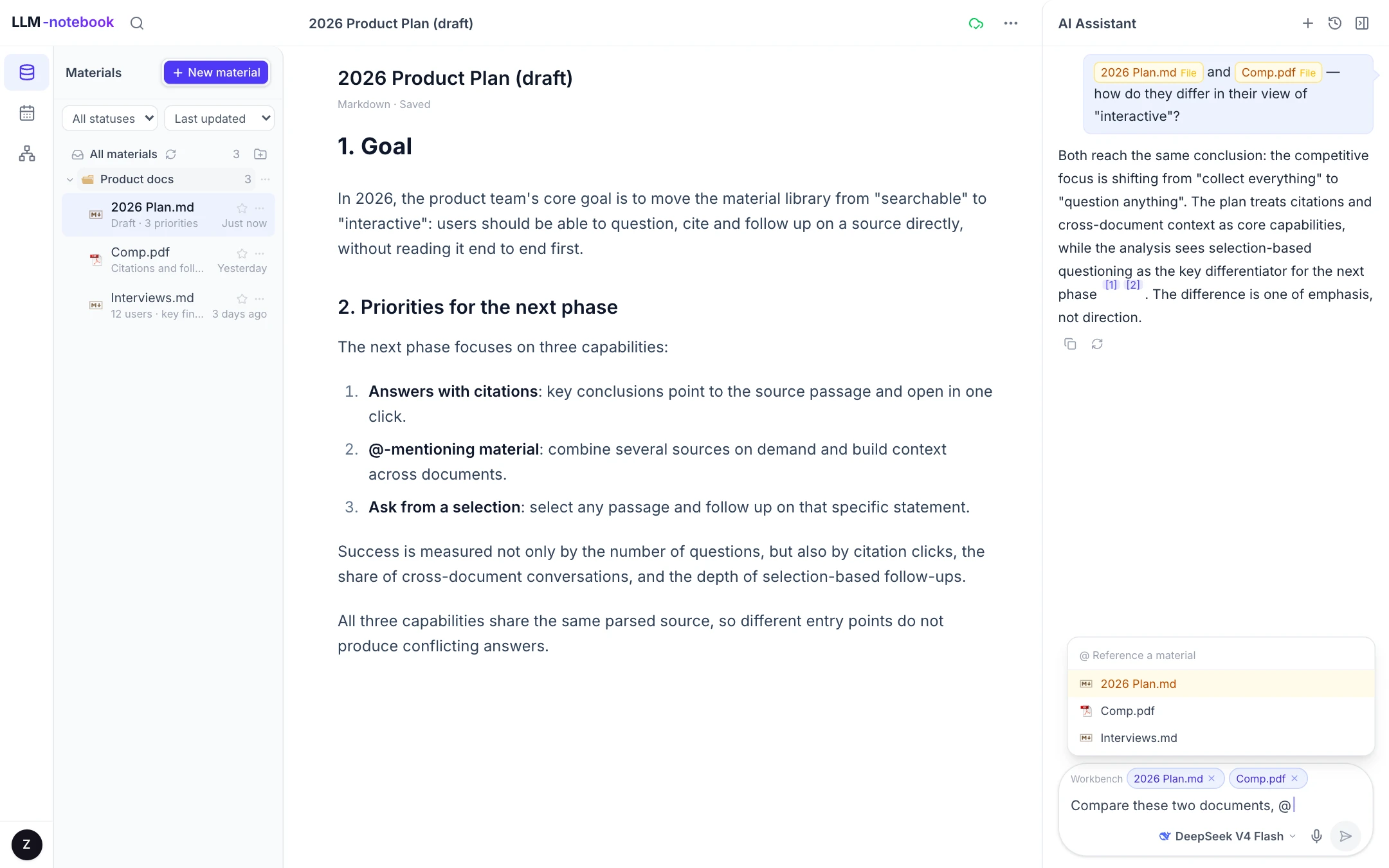 Type @ in the input box to combine several materials into the current context
