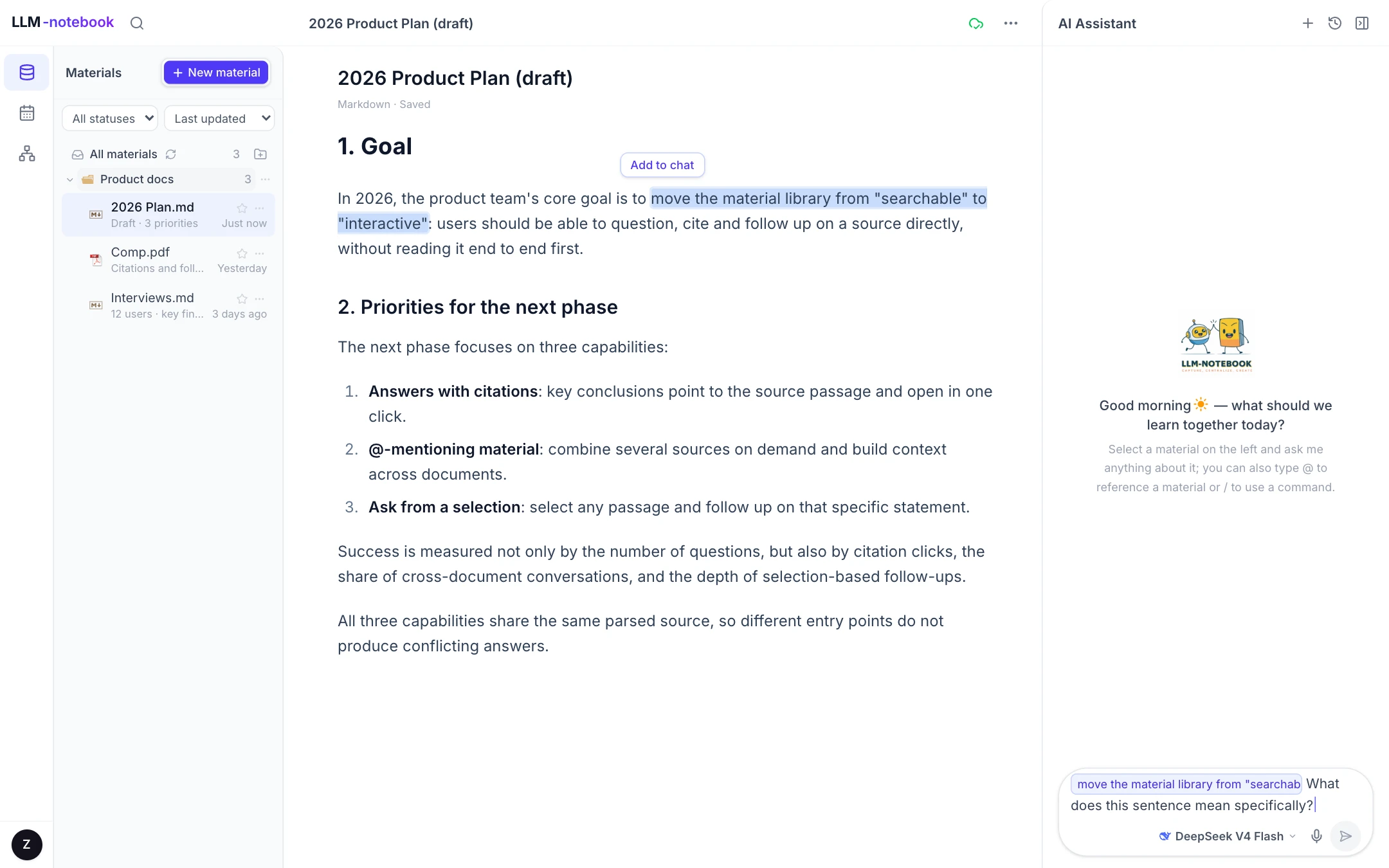 Select a passage and choose Add to chat to ask about that exact text