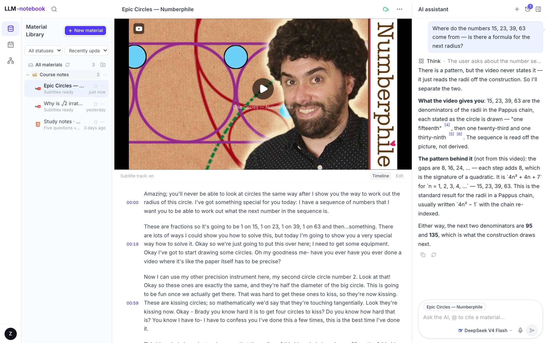 A YouTube video in the workspace: player on top, subtitles below, and an AI chat panel on the right